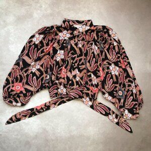 Christian Siriano New York Wide Sleeve Floral Print Blouse Button Down Front Tie